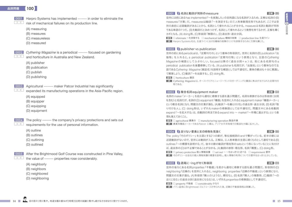 TOEIC L&Rテスト 990点攻略 文法・語彙問題1000（はま1000）の中身